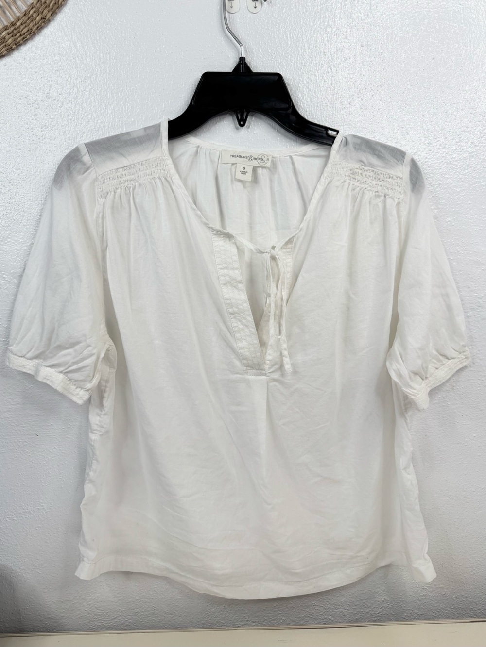 Treasure & Bond Blouse Womens Size S White Peasant Split V-Neck Tie Top